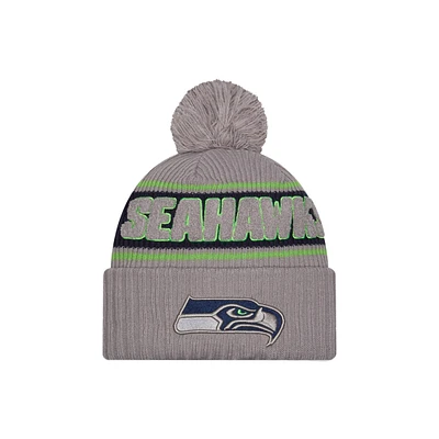 Men's New Era  Gray Seattle Seahawks 2024 Sideline Sport Cuffed Knit Hat with Pom