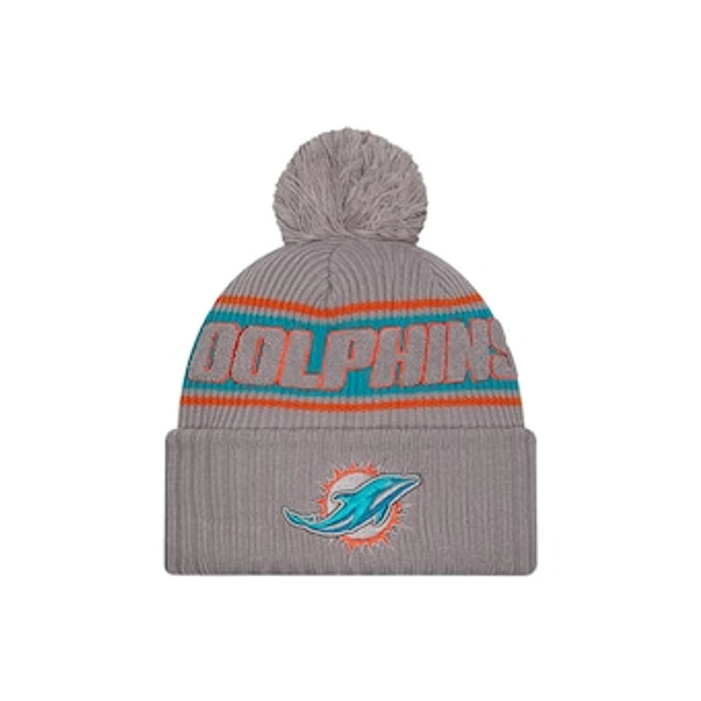 Men's New Era  Gray Miami Dolphins 2024 Sideline Sport Cuffed Knit Hat with Pom