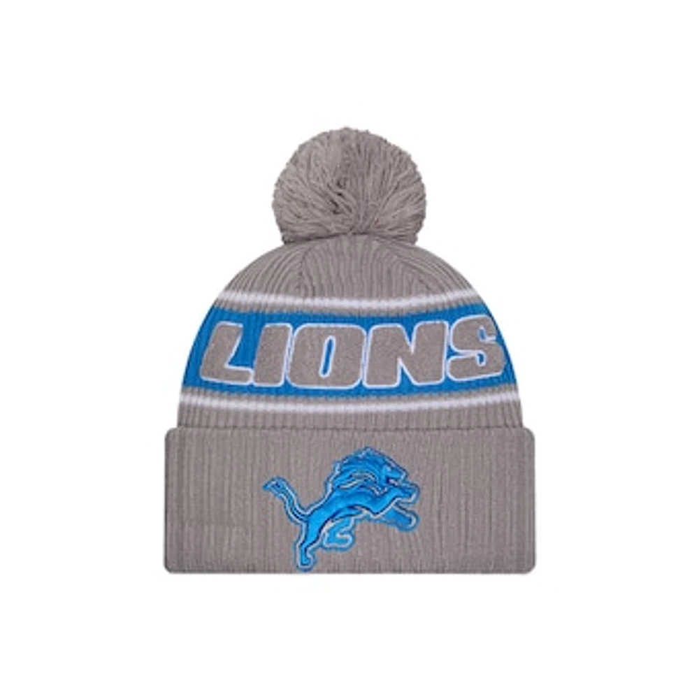 Men's New Era  Gray Detroit Lions 2024 Sideline Sport Cuffed Knit Hat with Pom