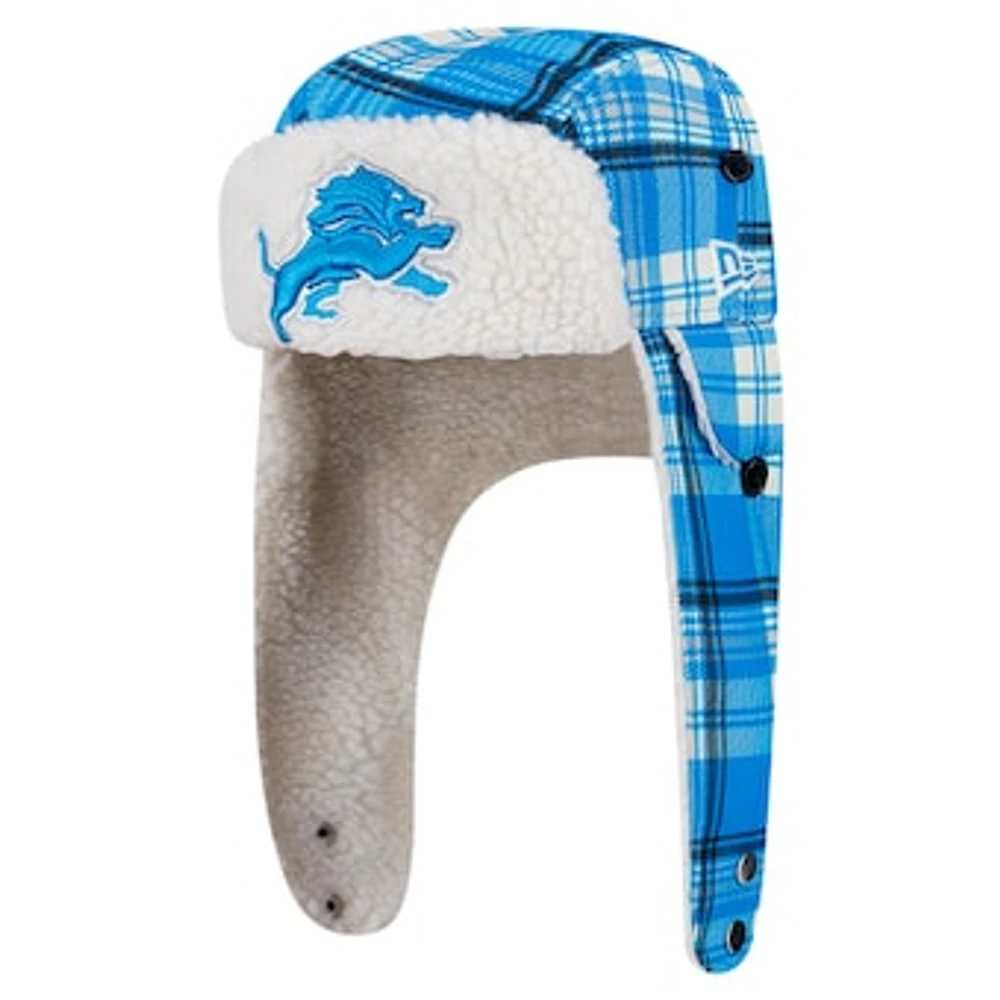 New Era Blue Detroit Lions Sideline Plaid Sherpa Trapper Hat