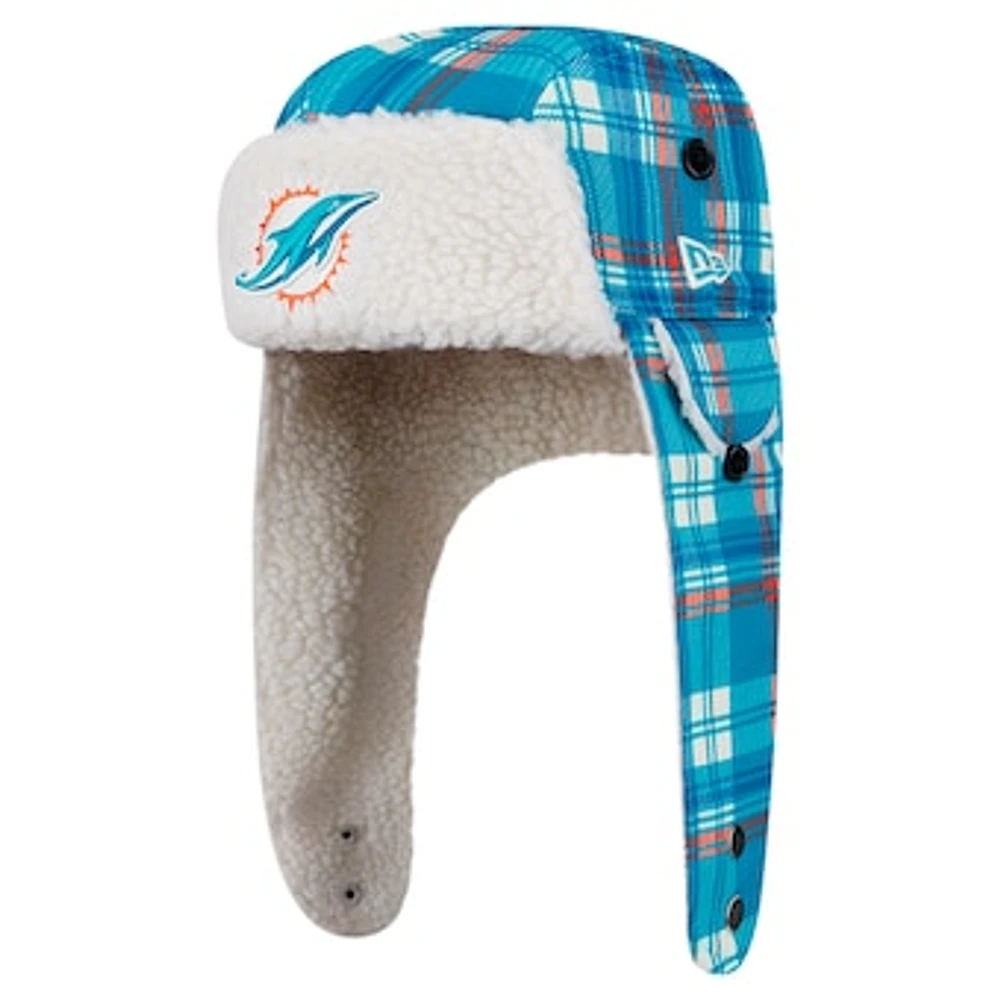 New Era Aqua Miami Dolphins Sideline Plaid Sherpa Trapper Hat