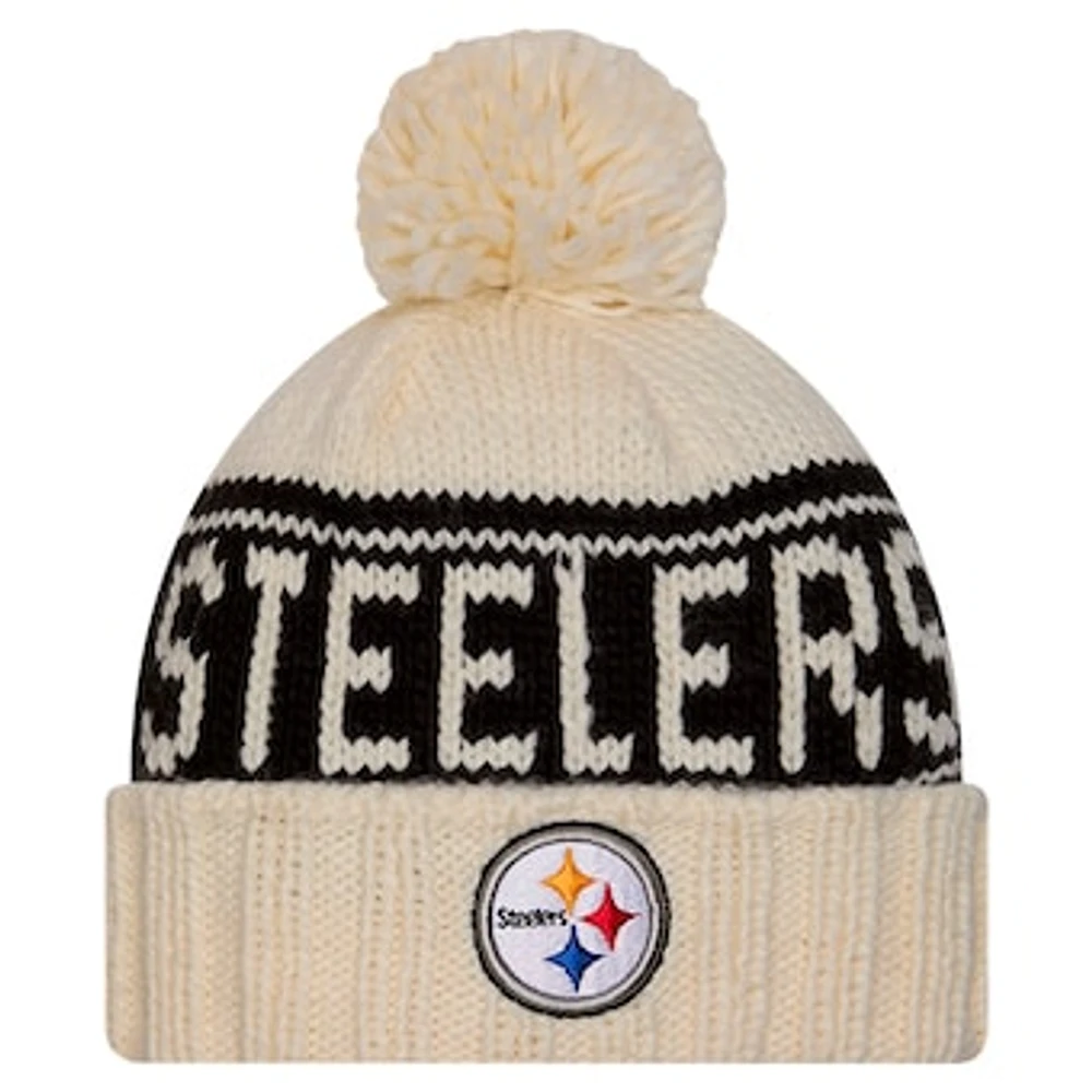 Women's New Era Cream Pittsburgh Steelers 2024 Sideline Cuffed Knit Hat with Pom