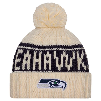 Women's New Era Cream Seattle Seahawks 2024 Sideline Cuffed Knit Hat with Pom