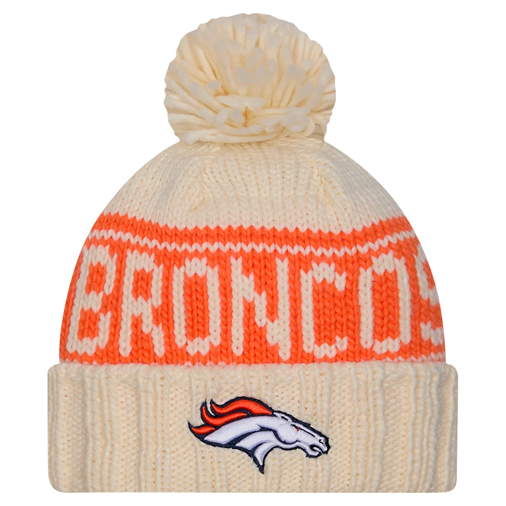 Women's New Era Cream Denver Broncos 2024 Sideline Cuffed Knit Hat with Pom