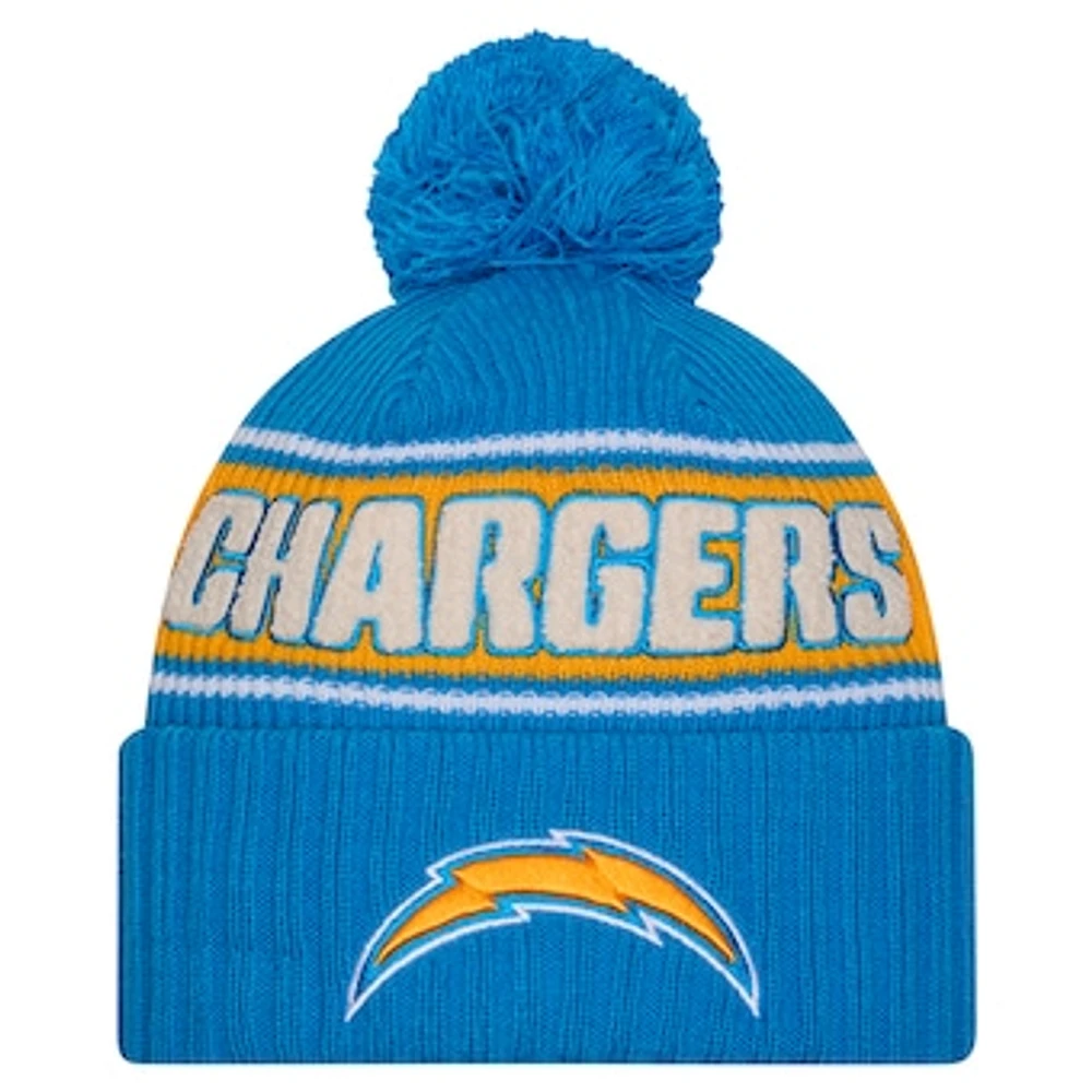 Youth New Era Powder Blue Los Angeles Chargers 2024 Sideline Sport Cuffed Knit Hat with Pom