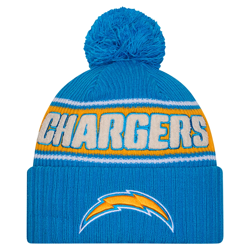 Youth New Era Powder Blue Los Angeles Chargers 2024 Sideline Sport Cuffed Knit Hat with Pom