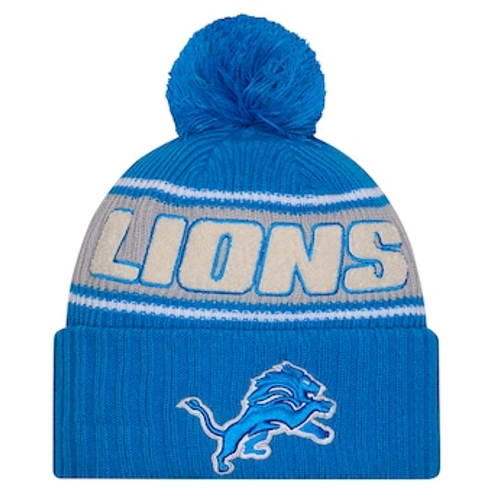 Youth New Era Blue Detroit Lions 2024 Sideline Sport Cuffed Knit Hat with Pom