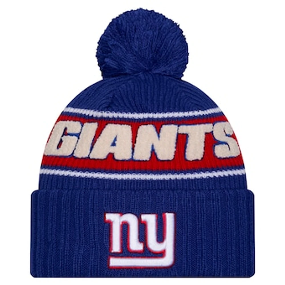 Youth New Era Royal New York Giants 2024/25 Sideline Cuffed Knit Hat with Pom