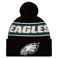 Youth New Era Black Philadelphia Eagles 2024/25 Sideline Cuffed Knit Hat with Pom