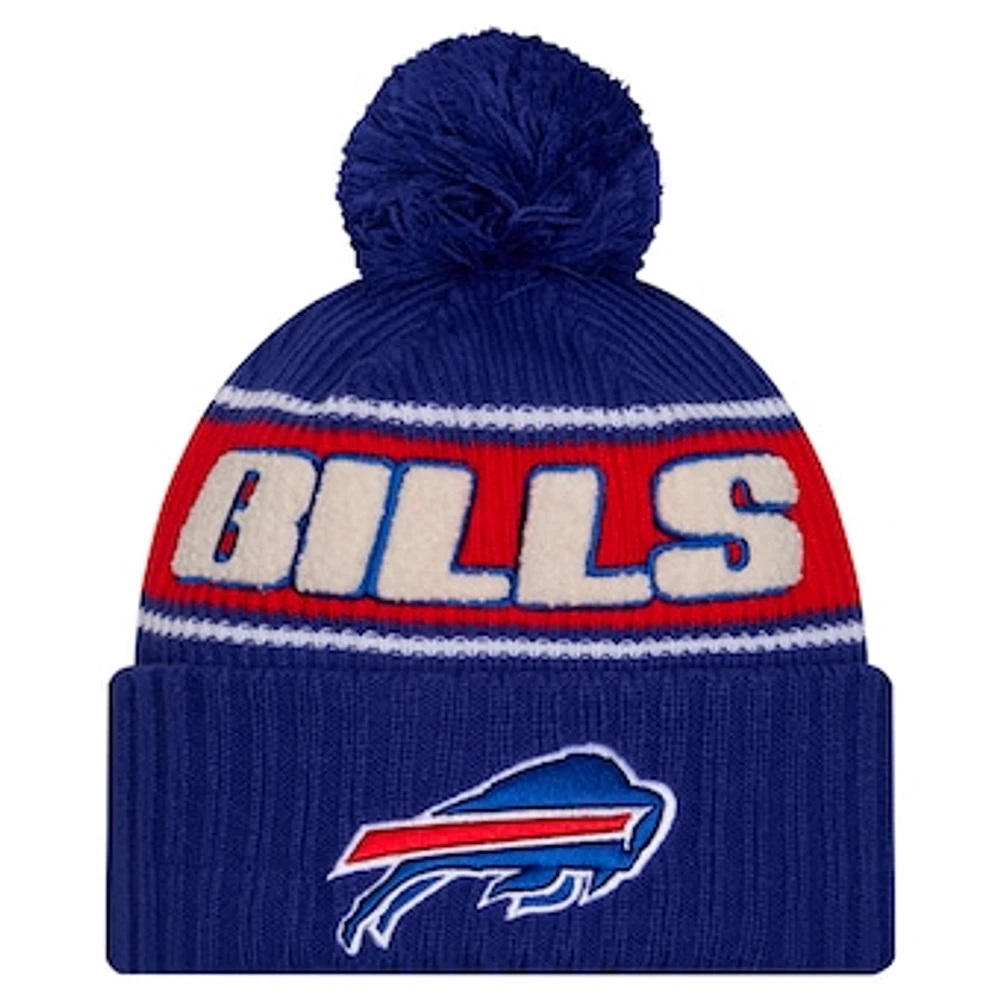 Youth New Era Royal Buffalo Bills 2024/25 Sideline Cuffed Knit Hat with Pom