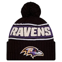 Youth New Era Black Baltimore Ravens 2024/25 Sideline Cuffed Knit Hat with Pom