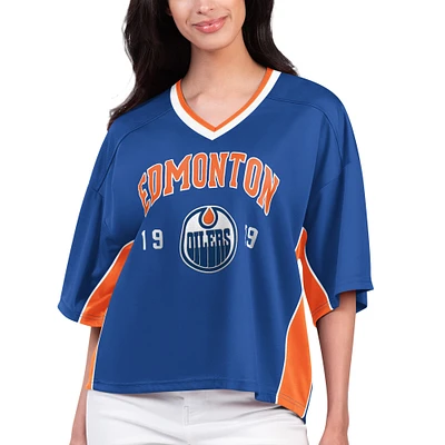 Women's Starter Royal Edmonton Oilers Power Play Raglan V-Neck T-Shirt