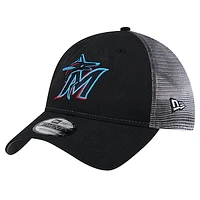 Men's New Era Black Miami Marlins Team Slick Trucker 9TWENTY Adjustable Hat