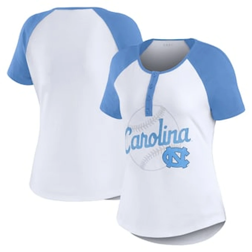 Women's WEAR by Erin Andrews White North Carolina Tar Heels Baseball Logo Raglan Henley T-Shirt