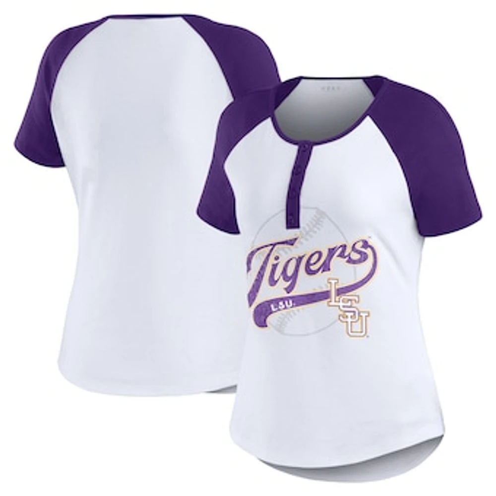 Women's WEAR by Erin Andrews White LSU Tigers Baseball Logo Raglan Henley T-Shirt