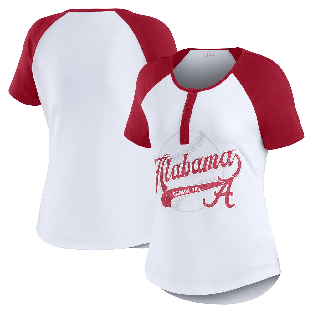 Women's WEAR by Erin Andrews White Alabama Crimson Tide Baseball Logo Raglan Henley T-Shirt