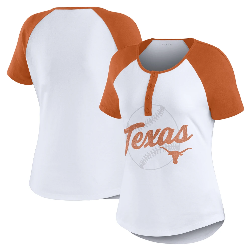 Women's WEAR by Erin Andrews White Texas Longhorns Baseball Logo Raglan Henley T-Shirt