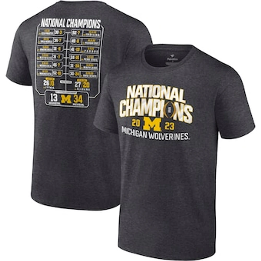 Men's Fanatics Heather Charcoal Michigan Wolverines College Football Playoff 2023 National Champions Schedule T-Shirt