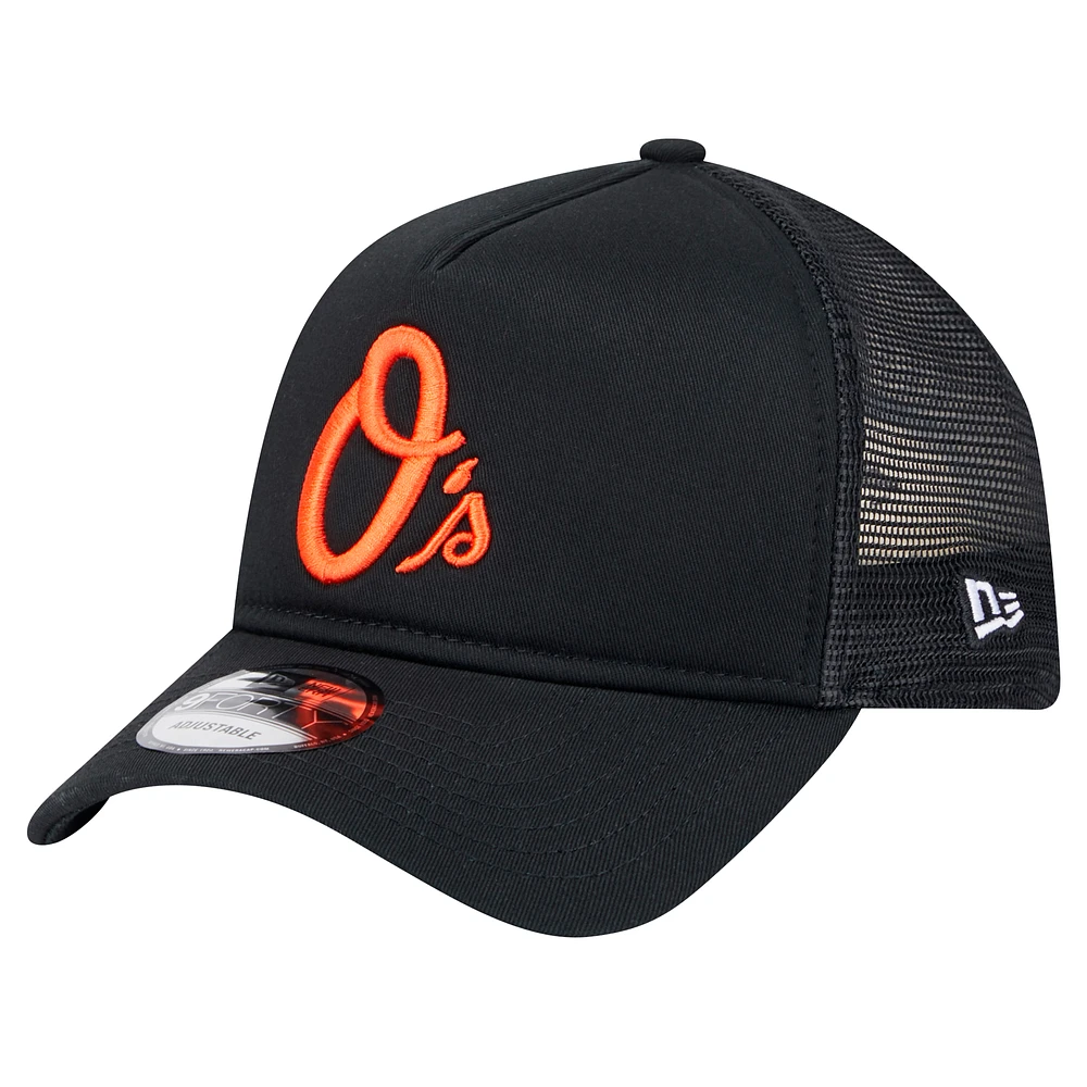 Men's New Era Black Baltimore Orioles 9FORTY A-Frame Trucker Adjustable Hat