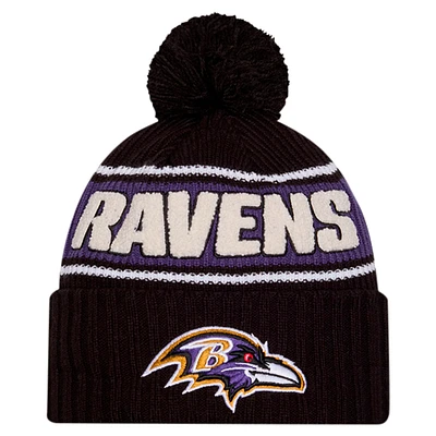 Men's New Era Black Baltimore Ravens 2024 Sideline Sport Cuffed Knit Hat with Pom