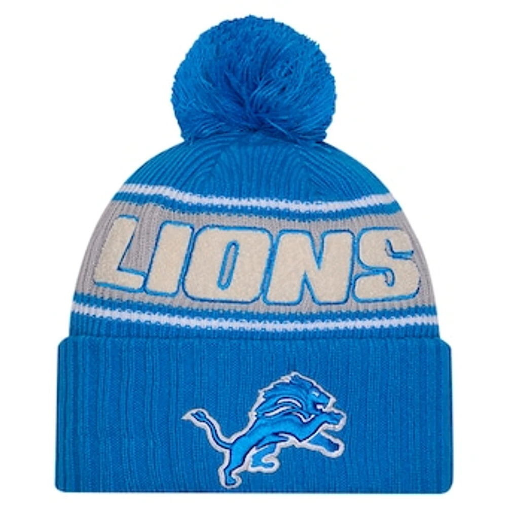 Men's New Era Blue Detroit Lions 2024 Sideline Sport Cuffed Knit Hat with Pom