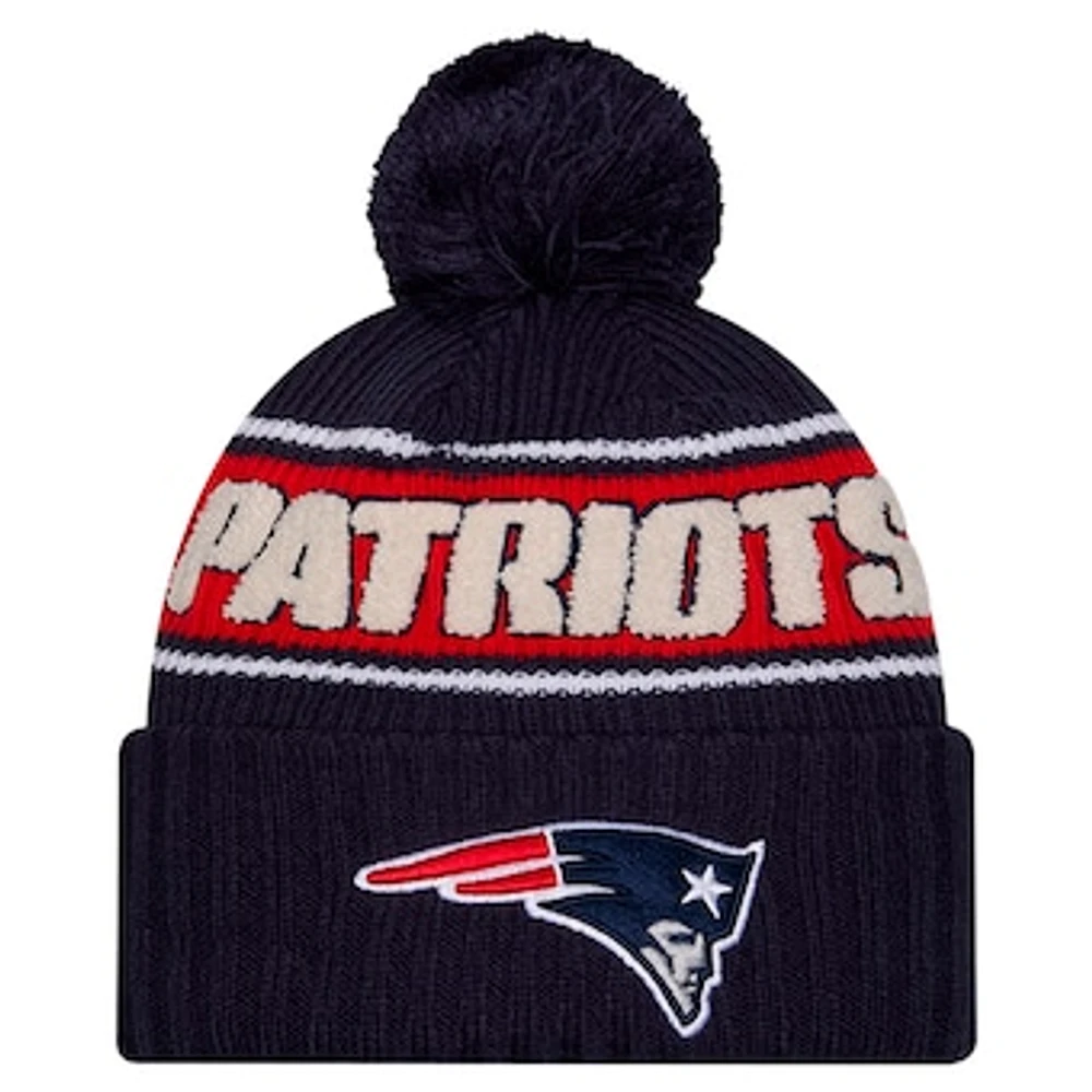 Men's New Era Navy New England Patriots 2024 Sideline Sport Cuffed Knit Hat with Pom