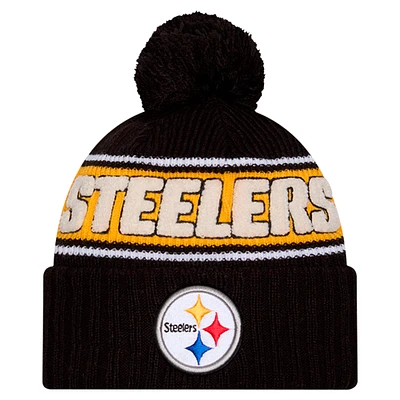 Men's New Era Black Pittsburgh Steelers 2024 Sideline Sport Cuffed Knit Hat with Pom