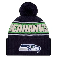 Men's New Era College Navy Seattle Seahawks 2024 Sideline Sport Cuffed Knit Hat with Pom