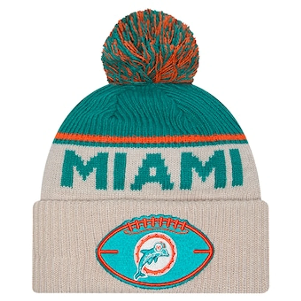 Men's New Era Stone Miami Dolphins Sideline Historic Cuffed Knit Hat with Pom