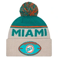 Men's New Era Stone Miami Dolphins Sideline Historic Cuffed Knit Hat with Pom