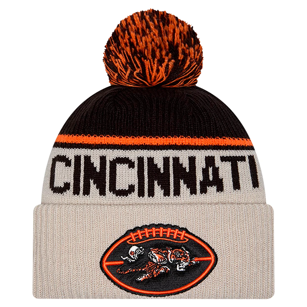 Men's New Era Stone Cincinnati Bengals Sideline Historic Cuffed Knit Hat with Pom