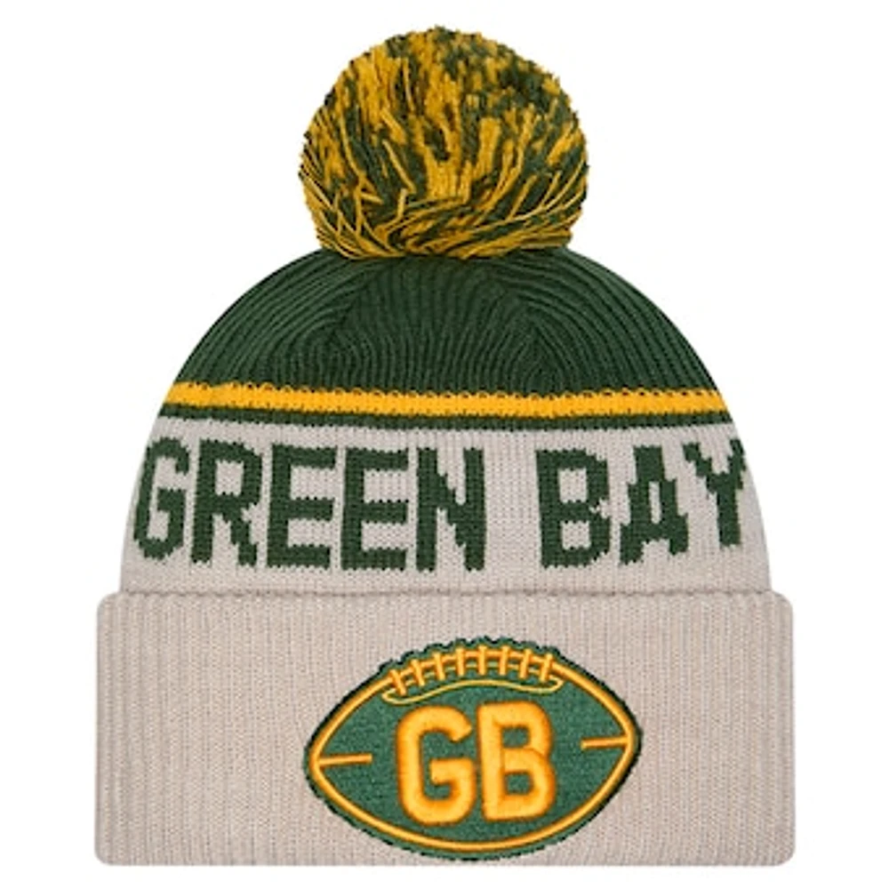 Men's New Era Stone Green Bay Packers Sideline Historic Cuffed Knit Hat with Pom