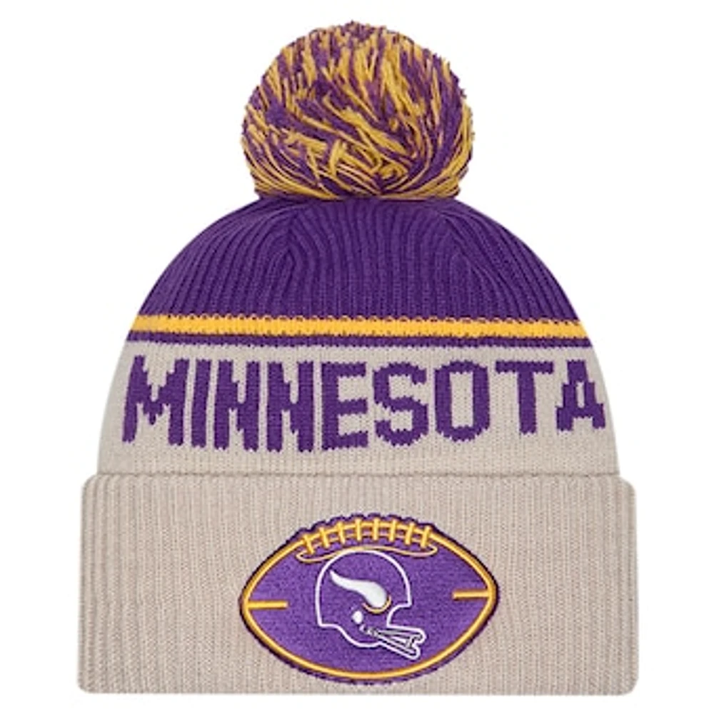 Men's New Era Stone Minnesota Vikings Sideline Historic Cuffed Knit Hat with Pom