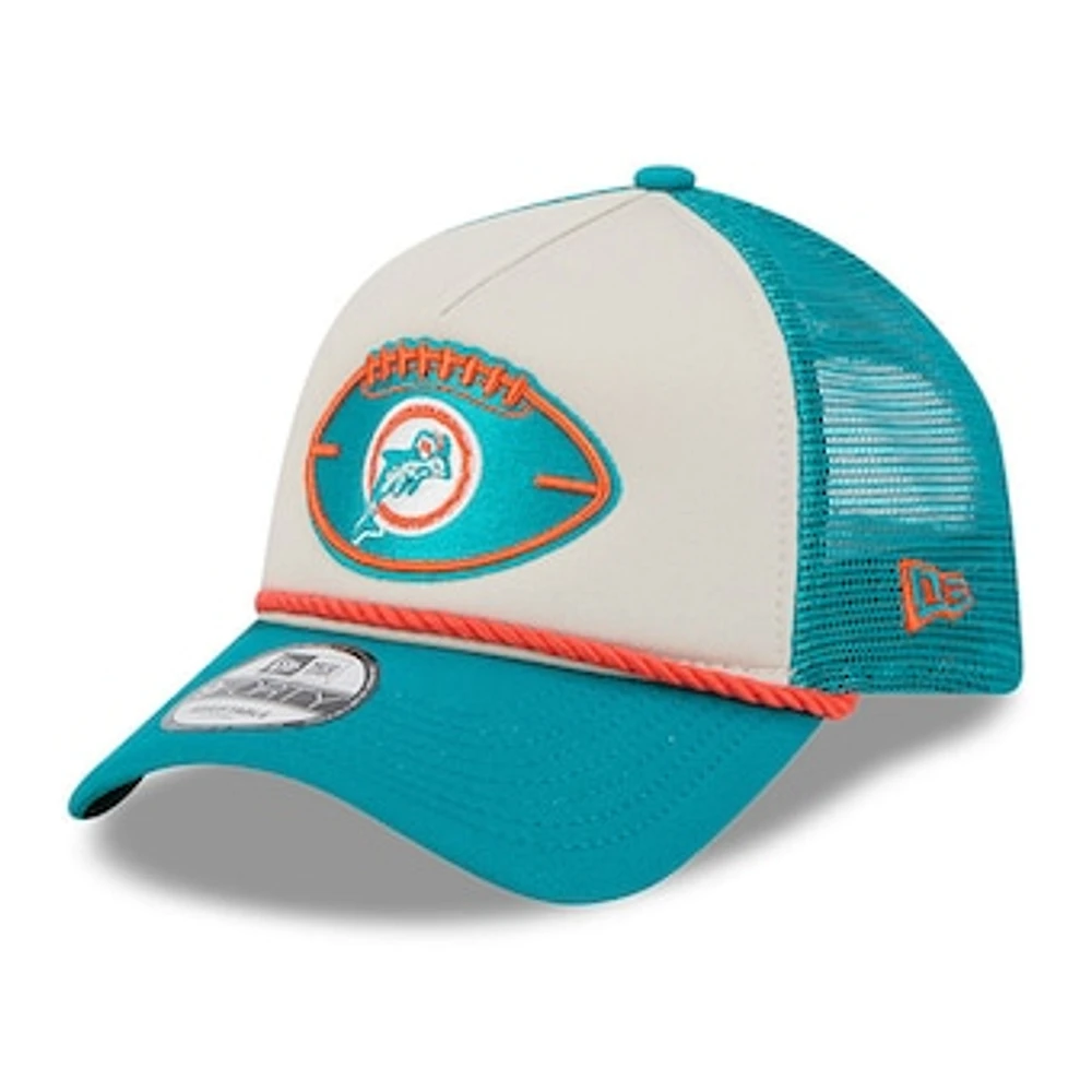 Men's New Era Stone/Aqua Miami Dolphins 2024 NFL Sideline Historic 9FORTY A-Frame Trucker Adjustable Hat