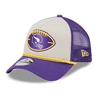 Men's New Era Stone/Purple Minnesota Vikings 2024 NFL Sideline Historic 9FORTY A-Frame Trucker Adjustable Hat