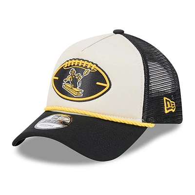 Men's New Era Stone/Black Pittsburgh Steelers 2024 NFL Sideline Historic 9FORTY A-Frame Trucker Adjustable Hat