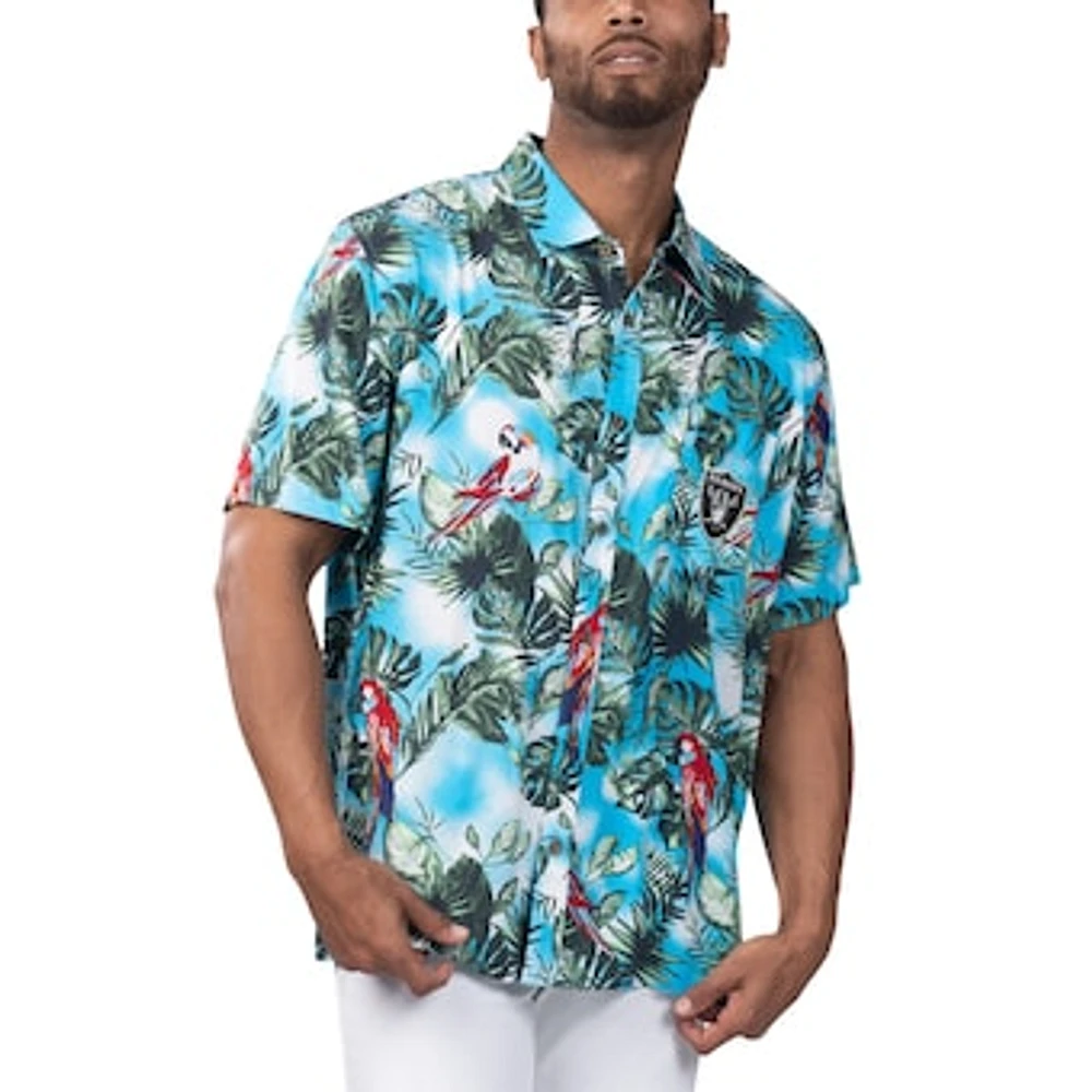 Men's Margaritaville Light Blue Las Vegas Raiders Jungle Parrot Party Button-Up Shirt