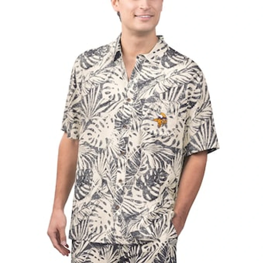 Men's Margaritaville Tan Minnesota Vikings Sand Washed Monstera Print Party Button-Up Shirt