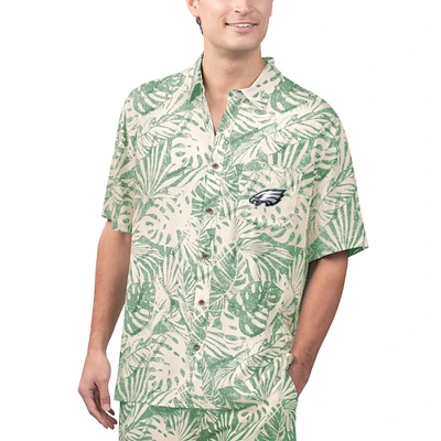 Men's Margaritaville Tan Philadelphia Eagles Sand Washed Monstera Print Party Button-Up Shirt