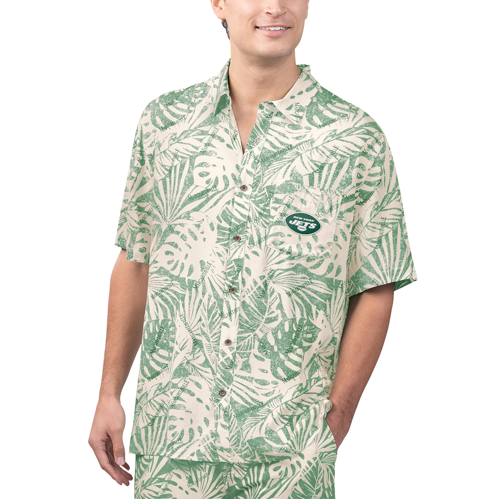 Men's Margaritaville Tan New York Jets Sand Washed Monstera Print Party Button-Up Shirt