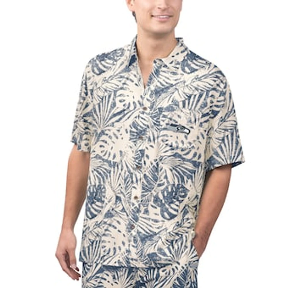 Men's Margaritaville Tan Seattle Seahawks Sand Washed Monstera Print Party Button-Up Shirt