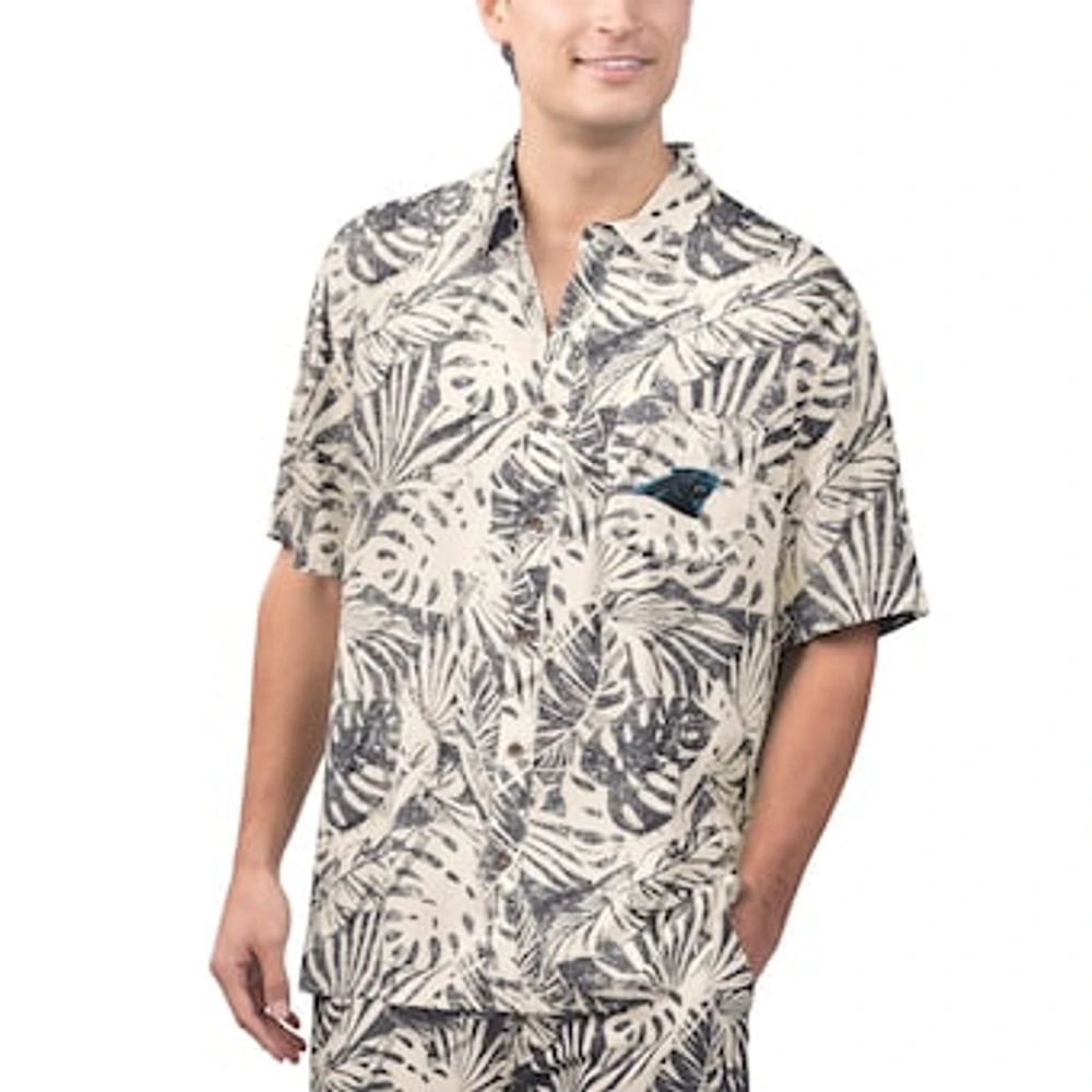 Men's Margaritaville Tan Carolina Panthers Sand Washed Monstera Print Party Button-Up Shirt