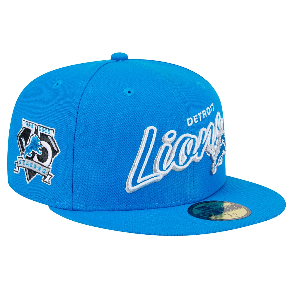 Men's New Era Blue Detroit Lions  Script Sided 59FIFTY Fitted Hat