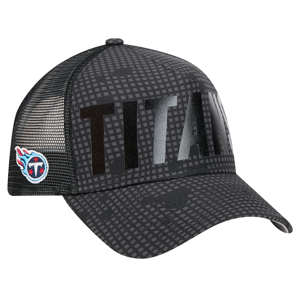 Men's New Era Black Tennessee Titans  Midnight Ink Tonal Text A-Frame Trucker 9FORTY Adjustable Hat