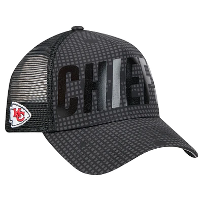 Men's New Era Black Kansas City Chiefs  Midnight Ink Tonal Text A-Frame Trucker 9FORTY Adjustable Hat