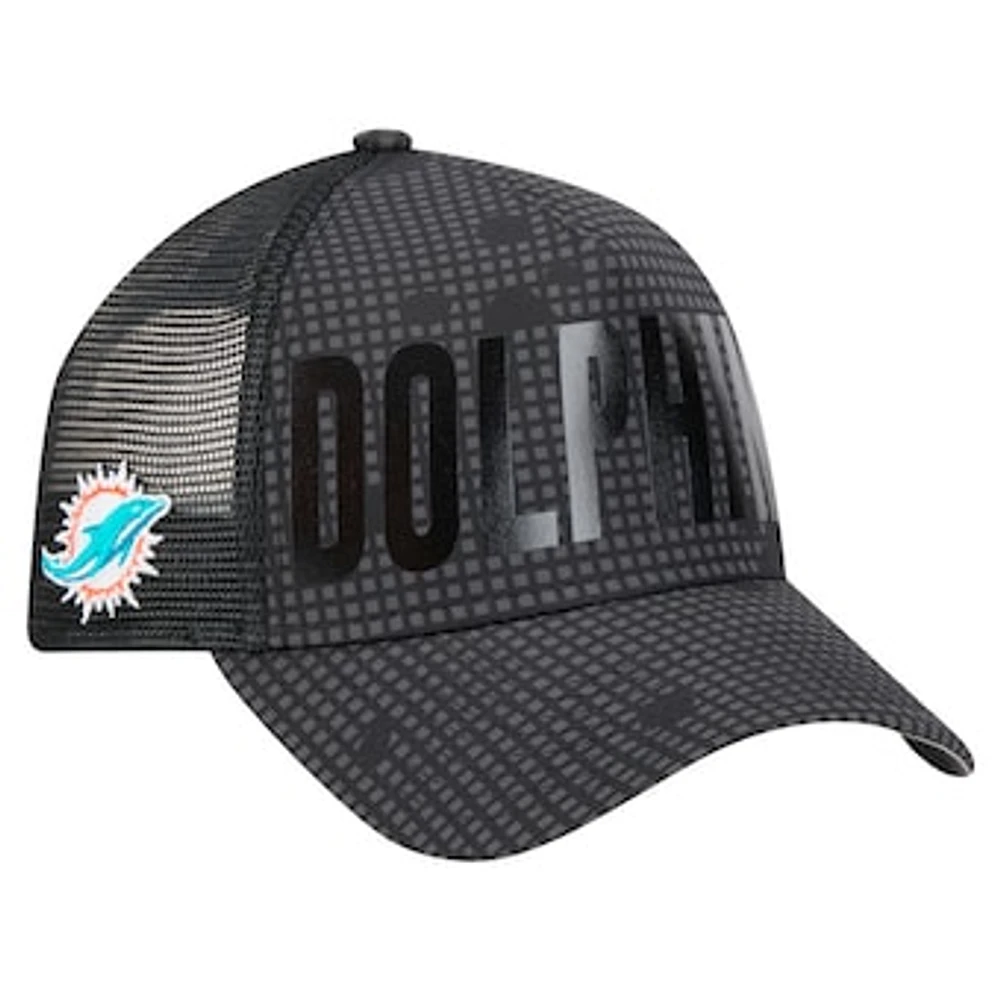 Men's New Era Black Miami Dolphins  Midnight Ink Tonal Text A-Frame Trucker 9FORTY Adjustable Hat