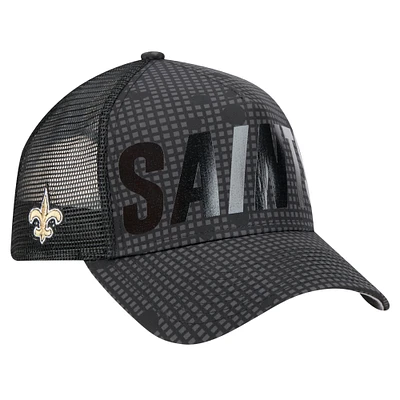 Men's New Era Black New Orleans Saints  Midnight Ink Tonal Text A-Frame Trucker 9FORTY Adjustable Hat