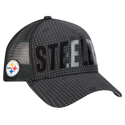 Men's New Era Black Pittsburgh Steelers  Midnight Ink Tonal Text A-Frame Trucker 9FORTY Adjustable Hat