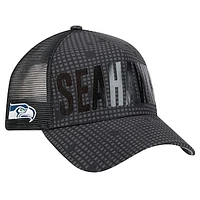 Men's New Era Black Seattle Seahawks  Midnight Ink Tonal Text A-Frame Trucker 9FORTY Adjustable Hat