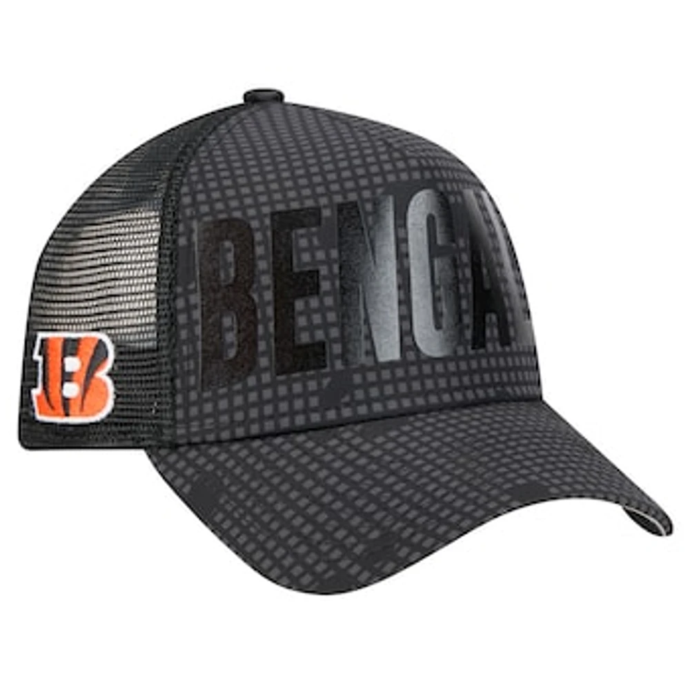 Men's New Era Black Cincinnati Bengals  Midnight Ink Tonal Text A-Frame Trucker 9FORTY Adjustable Hat